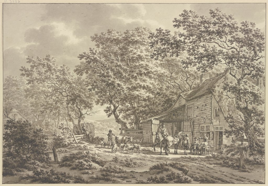 Landschaft mit Gasthaus und trinkenden Reisenden, Jacob Cats