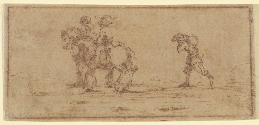 Zwei Reiter, gefolgt von einem Mann, der einen Sack trägt, Jacques Callot