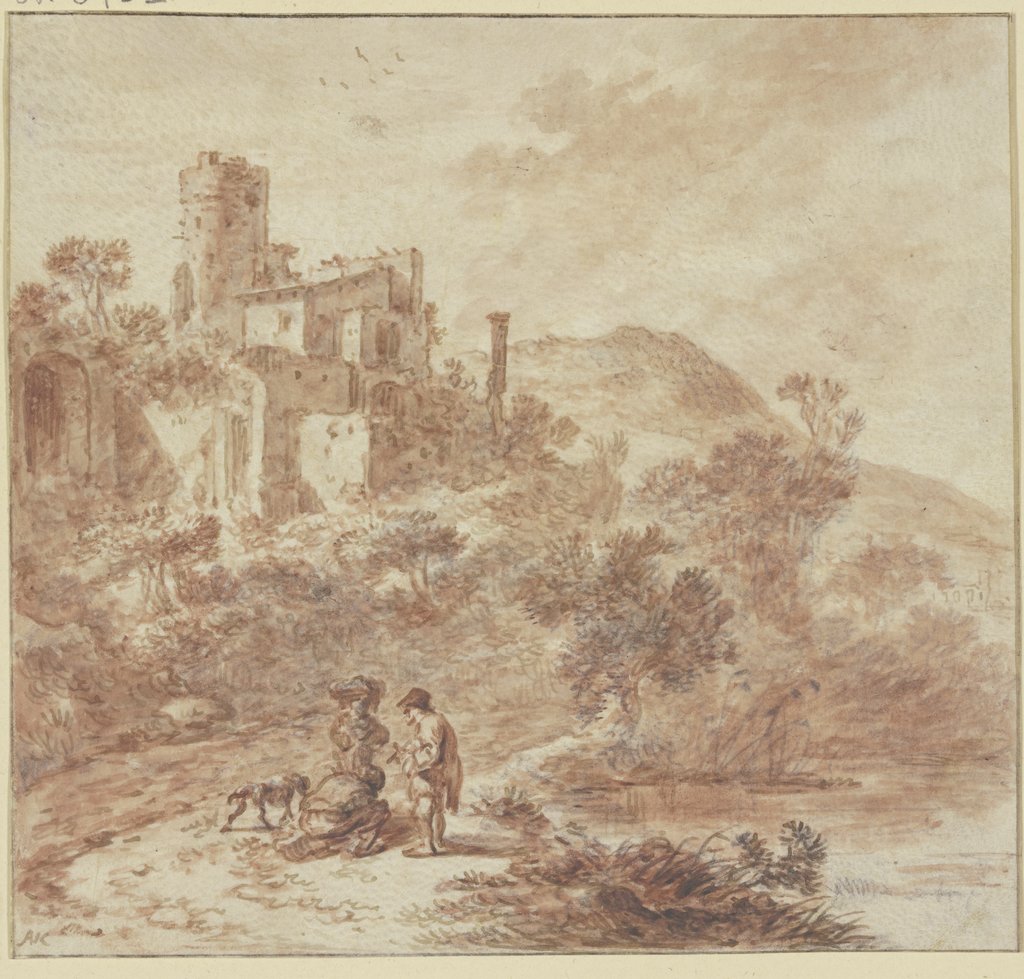 Ruine einer Villa, vorne am Weg drei Leute und ein Hund, Adriaen van der Cabel