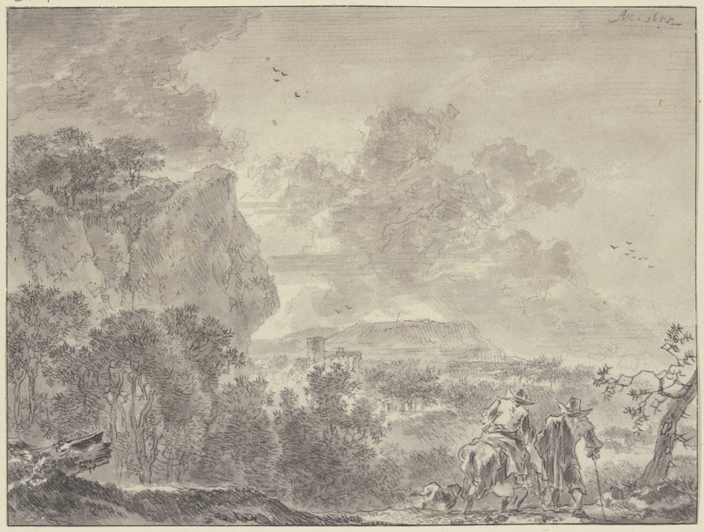 Italienische Landschaft, bewaldete Ebene, vorne zwei Wanderer, der linke beritten, Adriaen van der Cabel