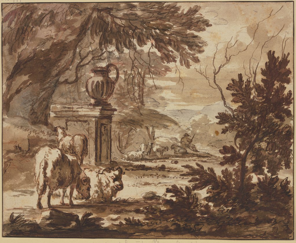 Bei einem Monument mit einer großen Vase ein Hirte mit Schafen, Jacob van der Does the Elder