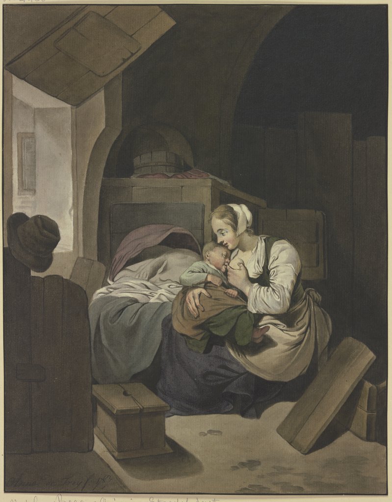 Interieur mit stillender Mutter, Aletta de Freij, after Cornelis Pietersz. Bega