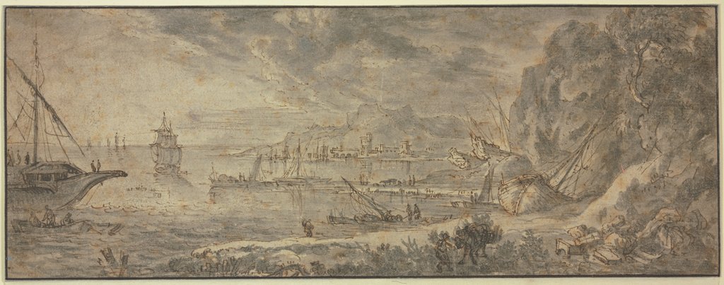 Marine, rechts große Felsen, vorn ein Maultiertreiber, im Hintergrunde eine Stadt, Claude Lorrain