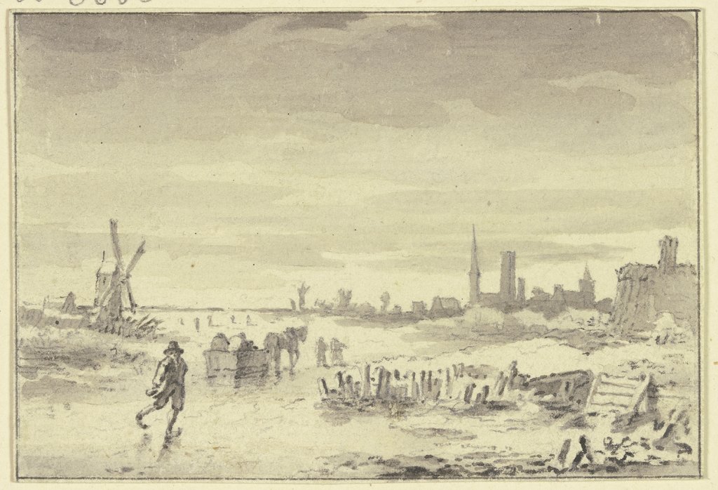 Winterlandschaft, rechts eine Stadt, links eine Windmühle, in der Mitte ein Schlittschuhläufer, Steven Goblé