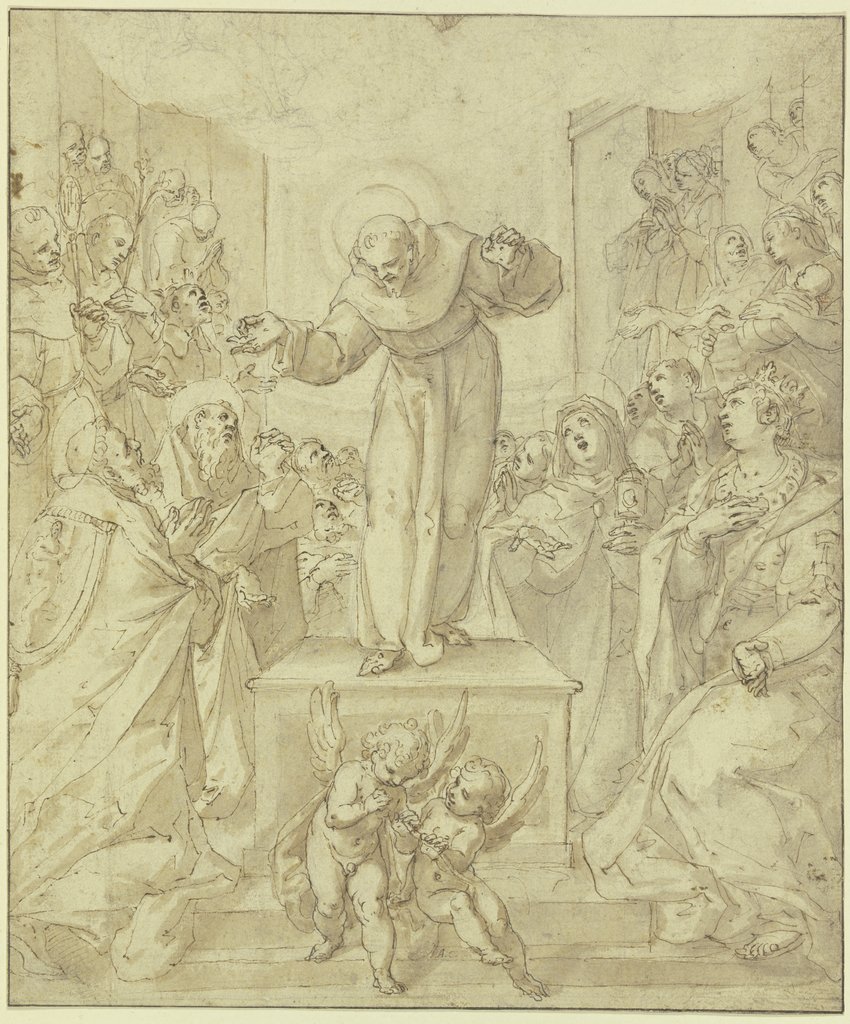 Saint Francis showing the stigmata before an assembly of saints, Filippo Bellini;   attributed