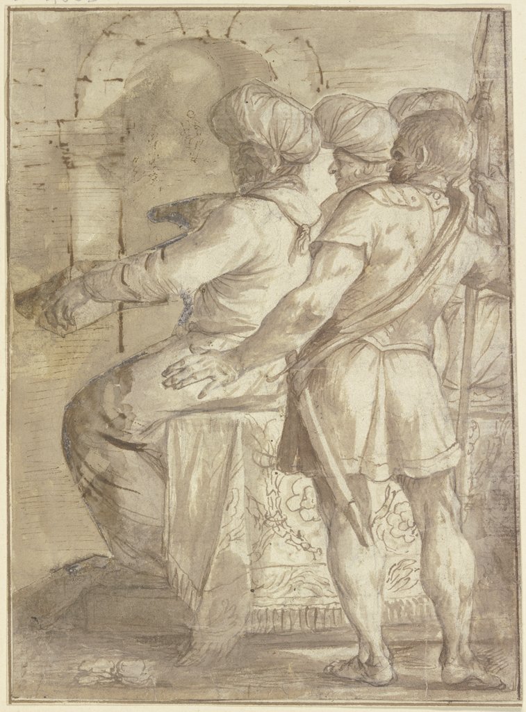 Zwei Türken, auf einem Thron nach links sitzend, hinter ihnen ein Wächter mit aufgestütztem Speer, alle Figuren in Dreiviertelrückenansicht, Annibale Carracci