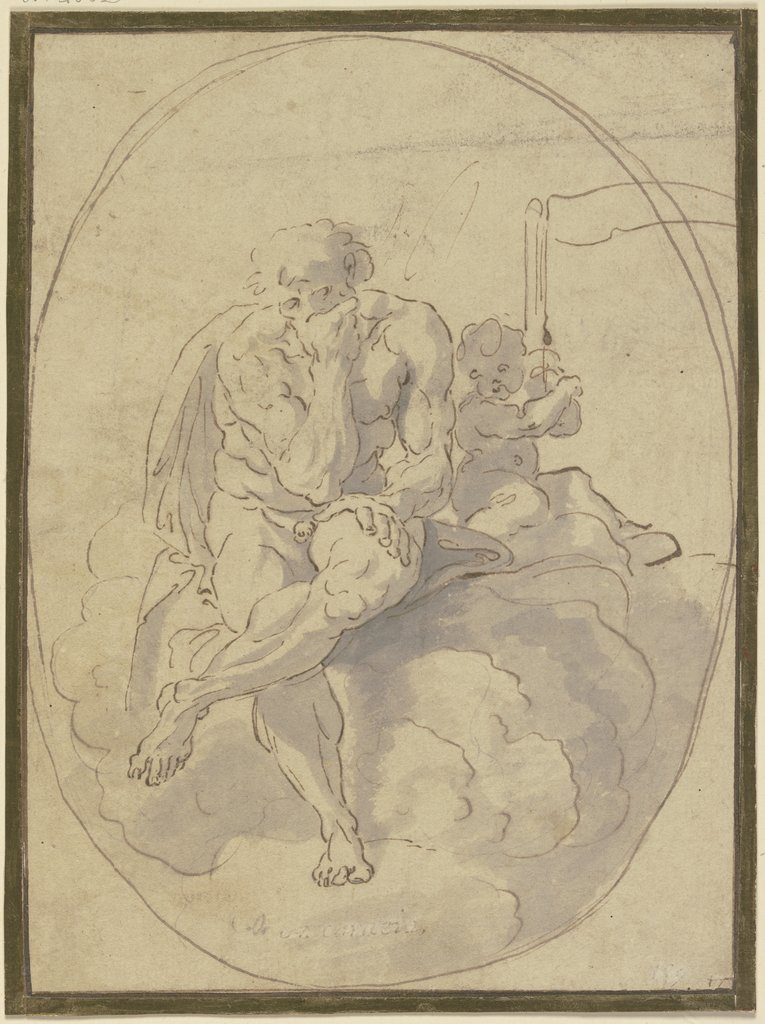 Saturn auf Wolken sitzend, Amor hält die Sense, Annibale Carracci