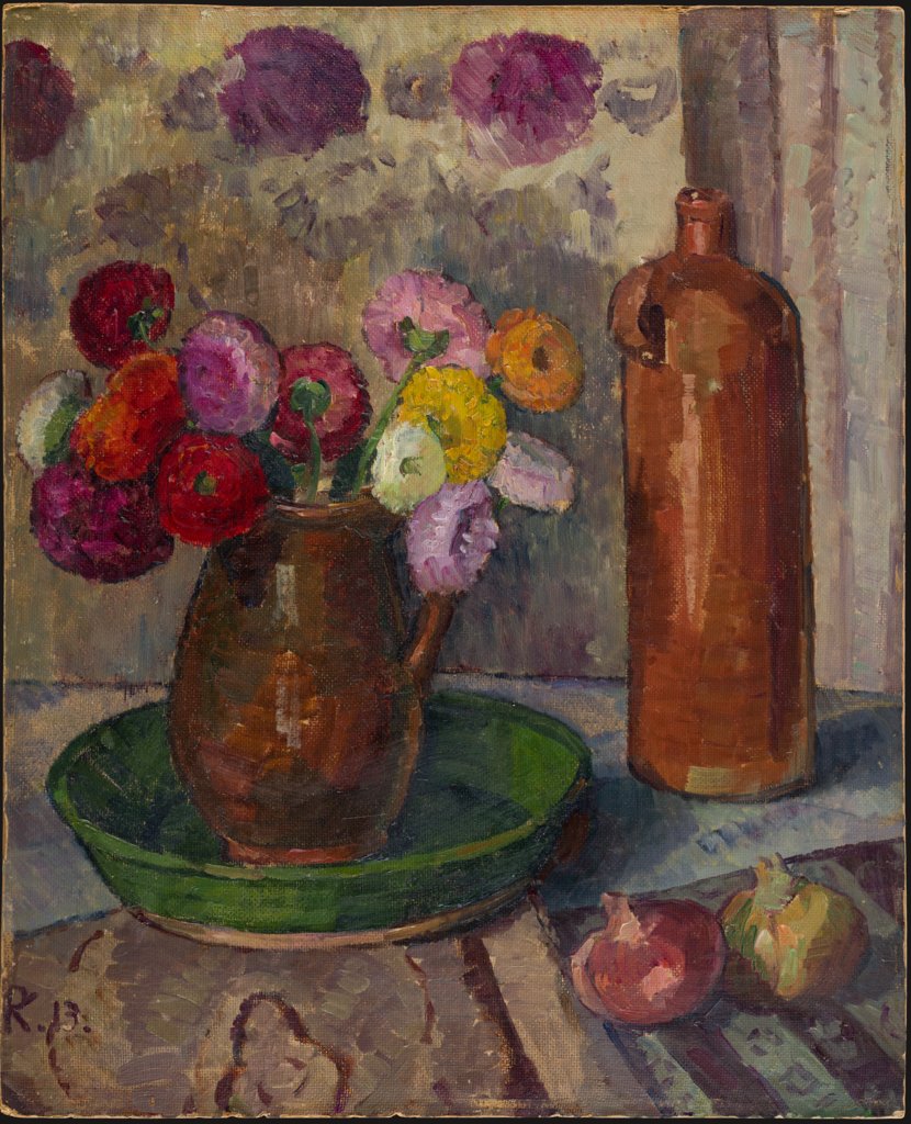 Stillleben mit bunten Blumen, Zwiebeln und Steinkrug, Pauline Kowarzik