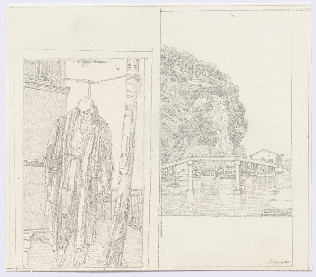 Sheet of studies with hanged man and river landscape, Werner Tübke