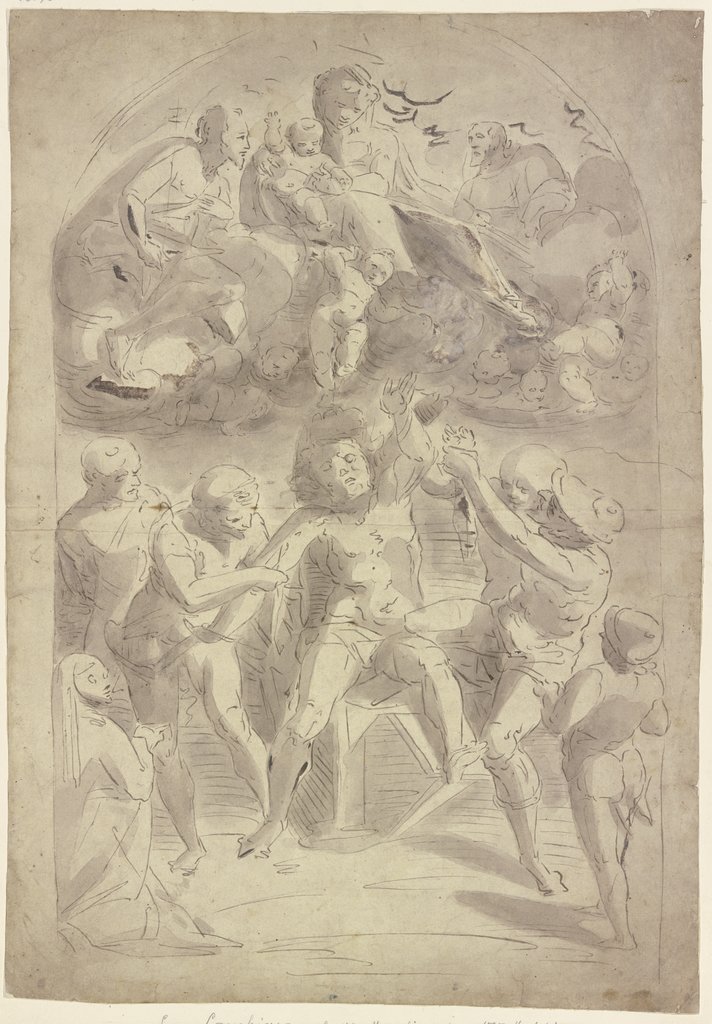 Martyrium des Heiligen Bartholomäus, darüber in Wolken die Madonna mit Kind, zu beiden Seiten die Heiligen Johannes der Täufer und Lukas, links unten eine kniende Nonne, Luca Cambiaso;   ?