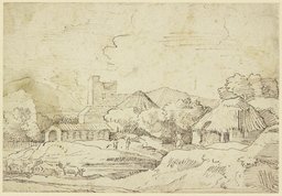 Landschaft mit Getreidefeldern und weidenden Kühen vor einem Dorf, Domenico Campagnola;   ?