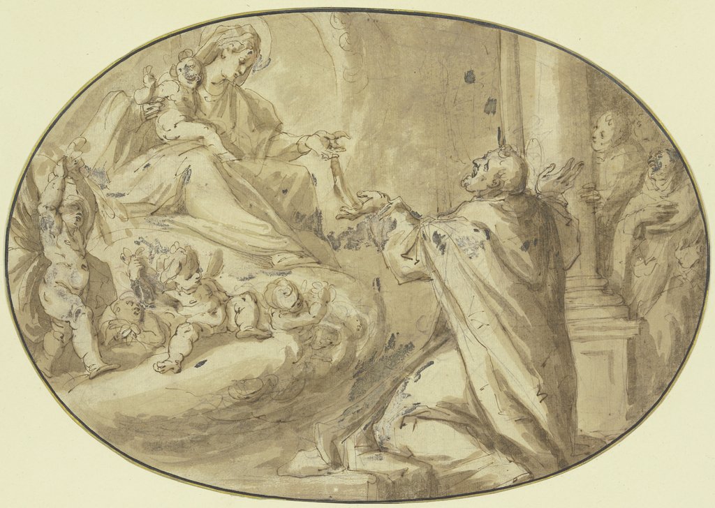 The Virgin presenting the rosary to St Dominic, Filippo Bellini;   attributed, Agostino Carracci;   ?