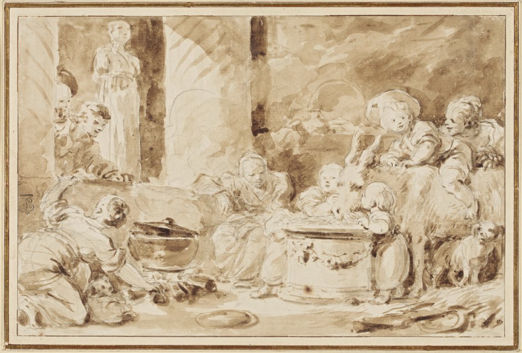 Vor einer antiken Statue lassen Kinder einen Esel von einem Altar fressen, Jean-Honoré Fragonard