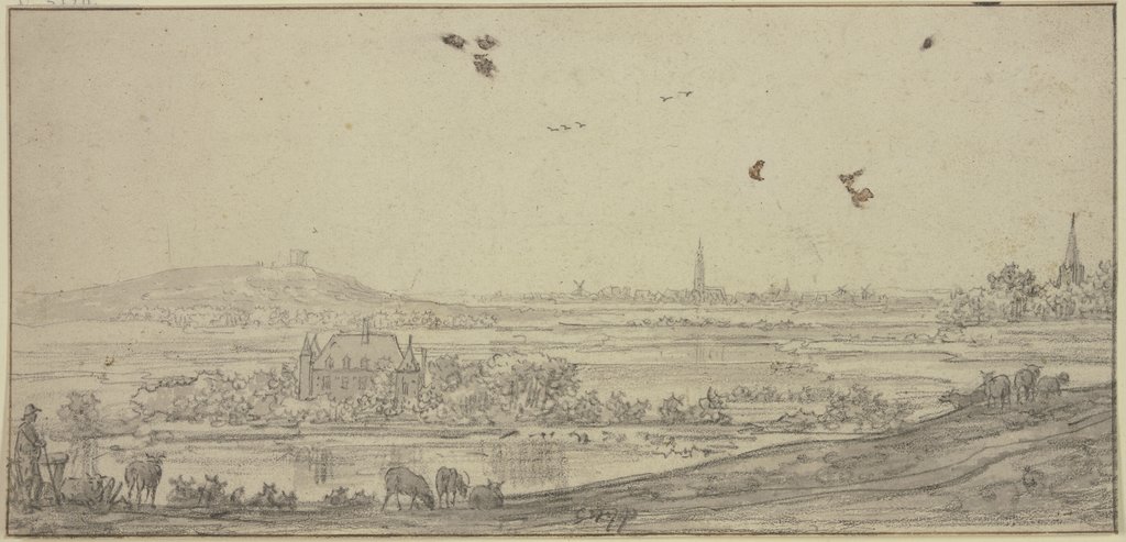 In der Ferne eine Stadt, links ein Haus im Wasser, vorne ein Schafhirte, Aelbert Cuyp