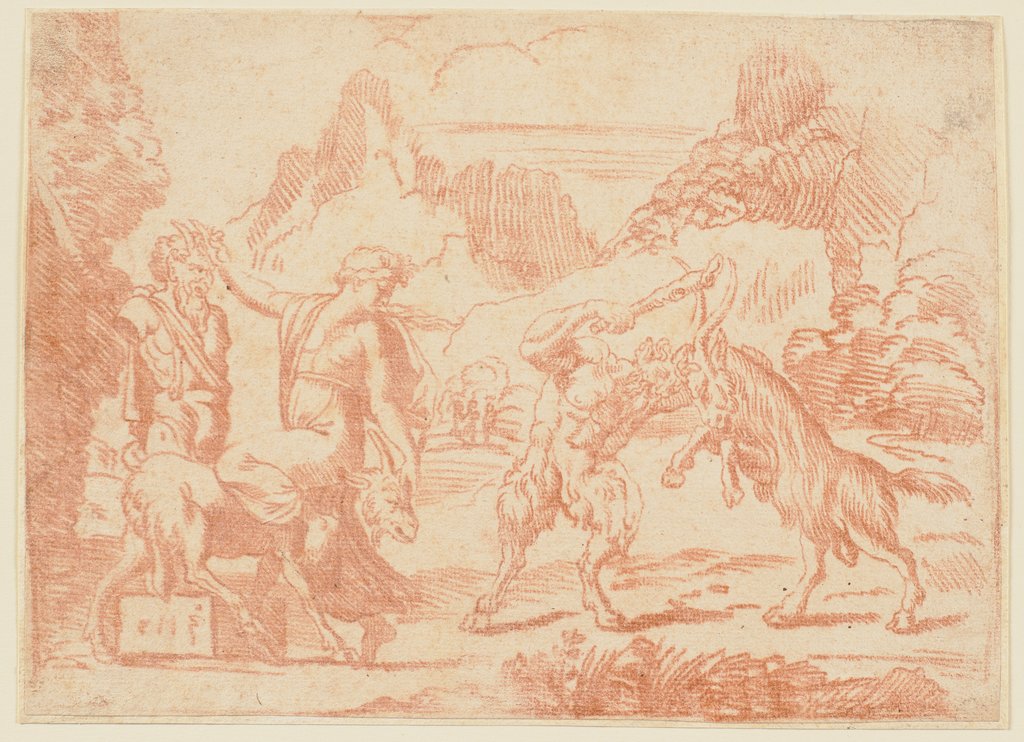 Bacchantin, an einer Panherme rückwärts auf einer Ziege sitzend, und ein Satyr, der mit einem Bock kämpft, in eine Landschaft platziert, Michel Corneille the Younger;   attributed, after Italian, 16th century, after Marco Dente