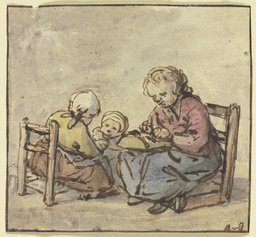 Drei Mädchen, das älteste beim Spitzenklöppeln, Adriaen van Ostade