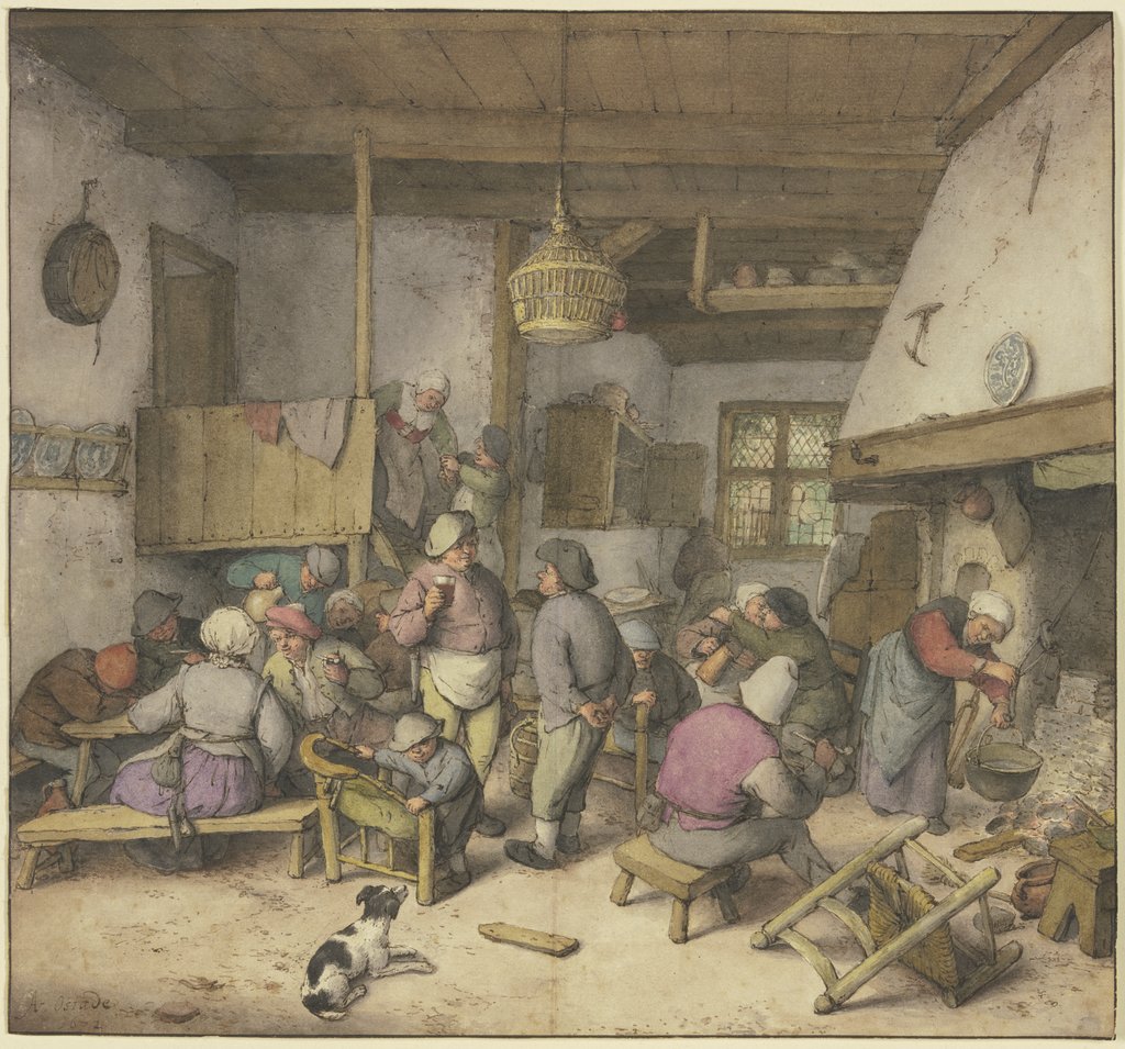 Wirtshausinterieur mit rauchenden, trinkenden und kosenden Bauern, Adriaen van Ostade