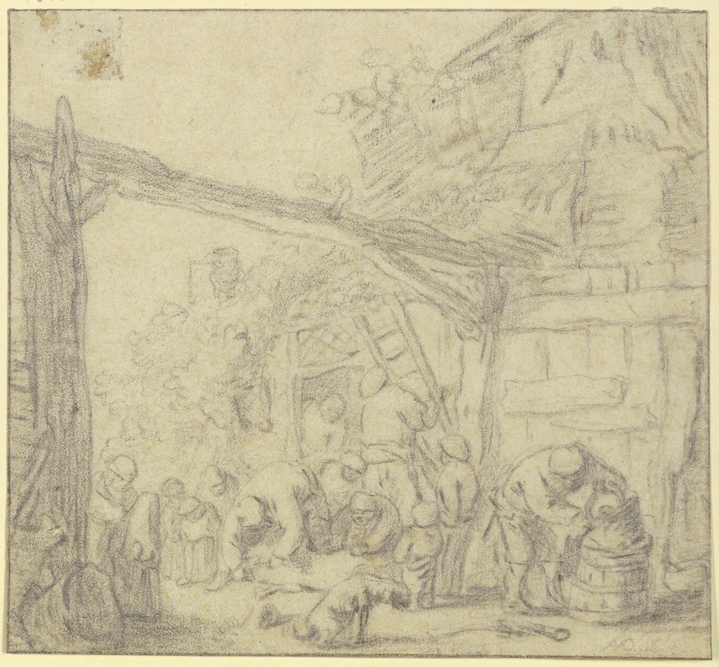 Pig butchering in the courtyard, Unknown, 17th century, after Adriaen van Ostade