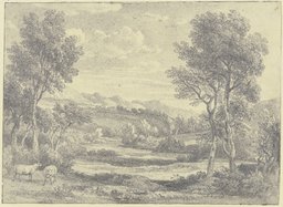 Baumreiche Landschaft mit zwei Schafen im Vordergrund, Ramsay Richard Reinagle