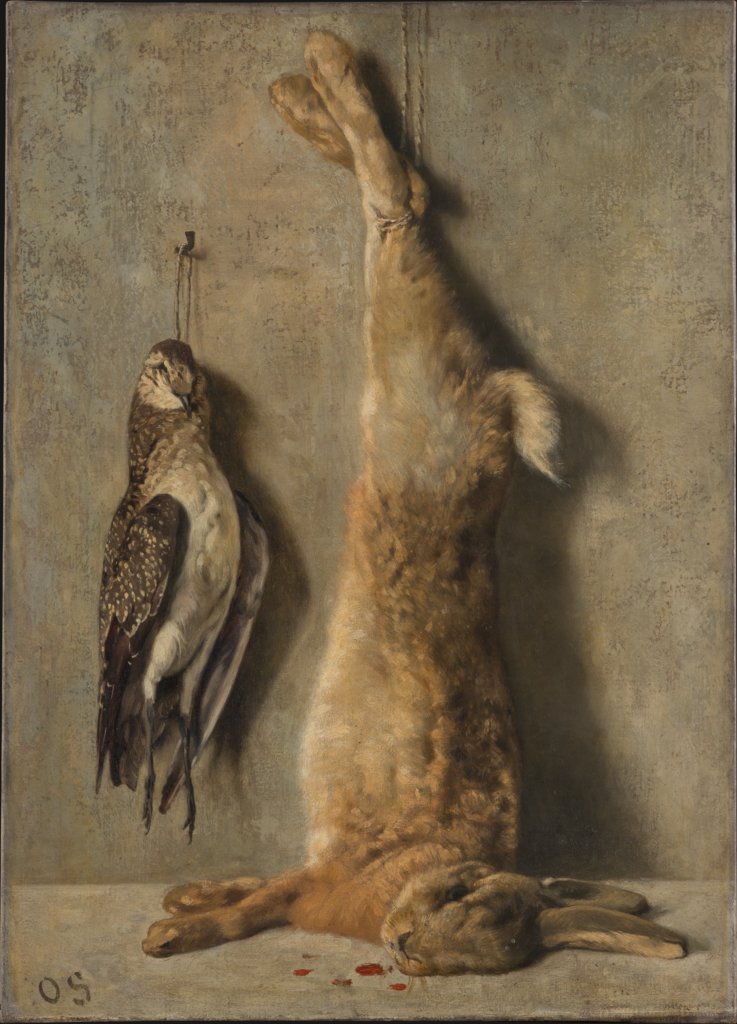 Still Life with Dead Hare and Guinea Fowl in Front of a Grey Wall, Otto Scholderer