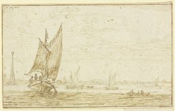 Marine, links segelt ein Boot, rechts ein Ruderboot, Jan van Goyen