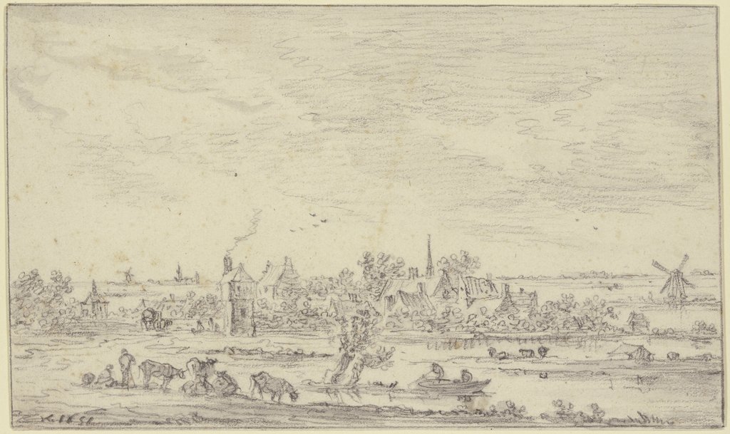 Am Wasser ein Dorf, vorn Hirten mit Vieh, auf dem Wasser ein Kahn, rechts eine Windmühle, Jan van Goyen