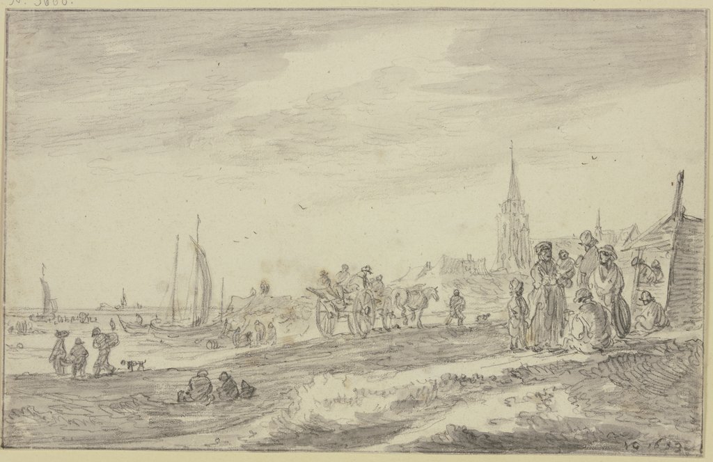 Strand mit einem Wagen und vielen Figuren, Jan van Goyen