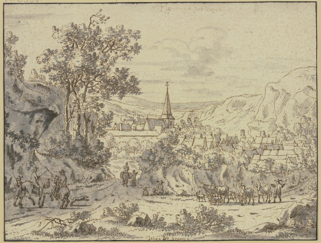 Landschaft mit Dorf, im Vordergrund Reiter und eine Viehherde mit Hirte, Josua de Grave