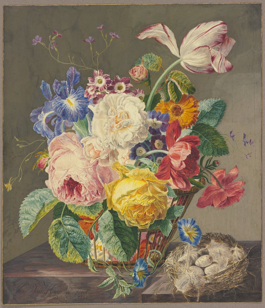 Still life of flowers with birds' eggs, Jan van Huysum