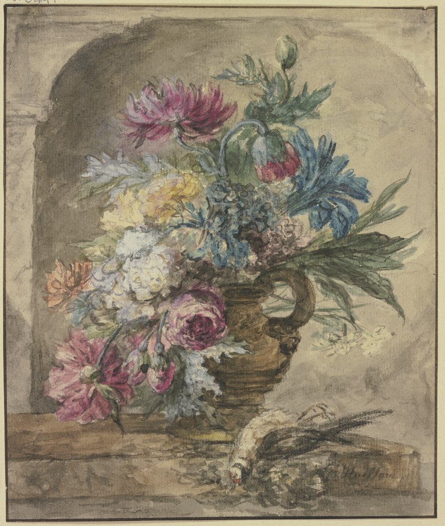 Blumenbouquet, dabei ein toter Vogel, Jan van Huysum