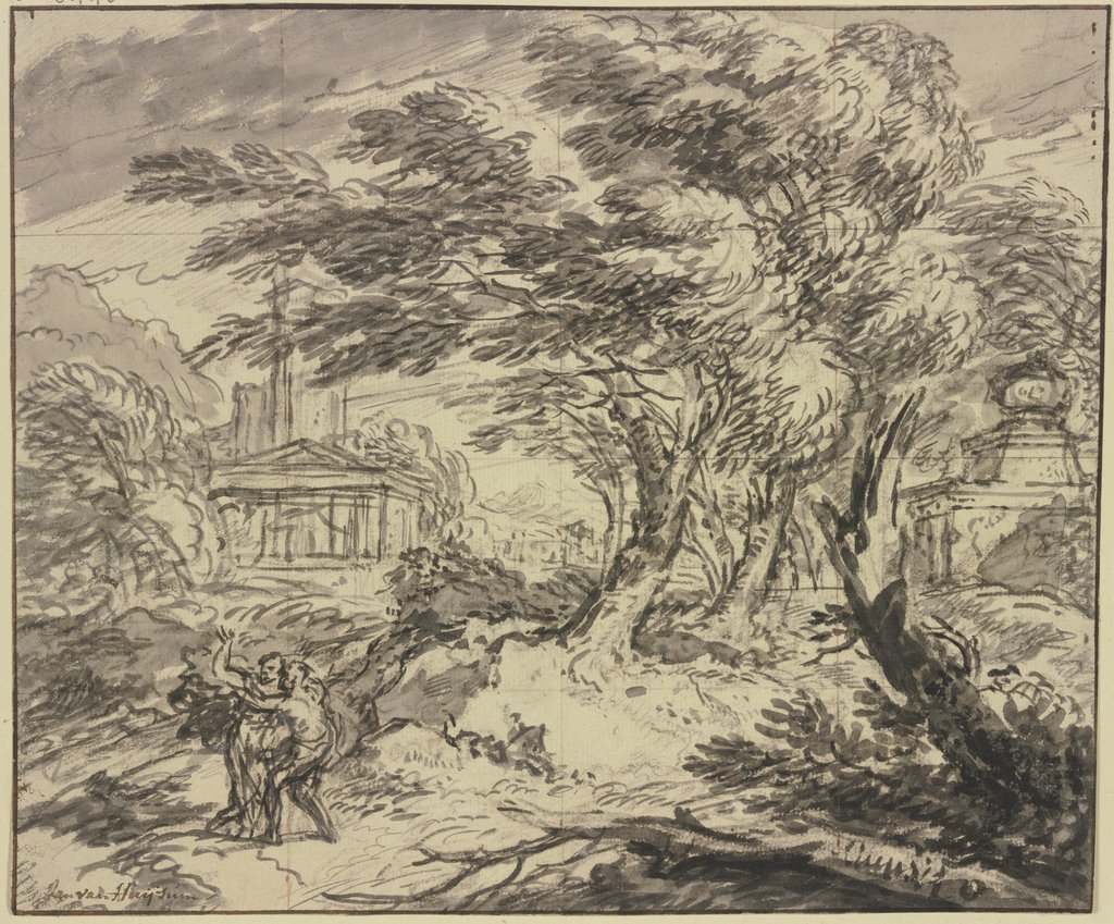 Landschaft mit antiker Tempelarchitektur im Sturm, Jan van Huysum