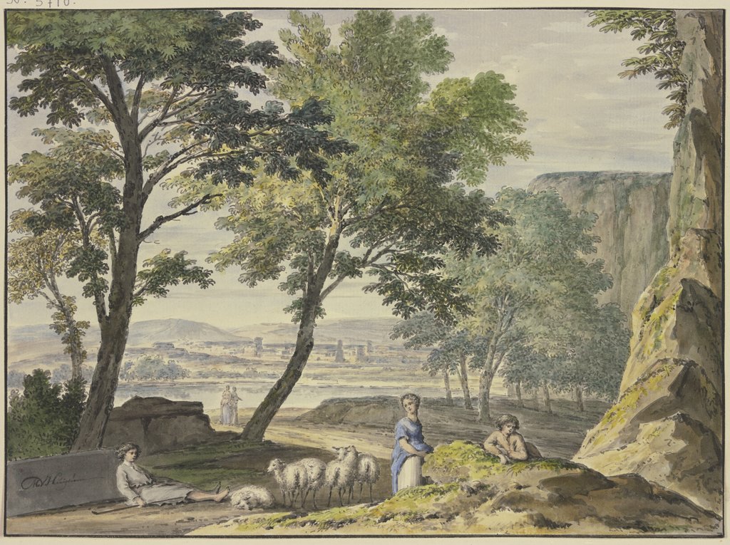 Stilvolle Landschaft mit Schafhirten, in der Ferne eine Stadt, Jan van Huysum