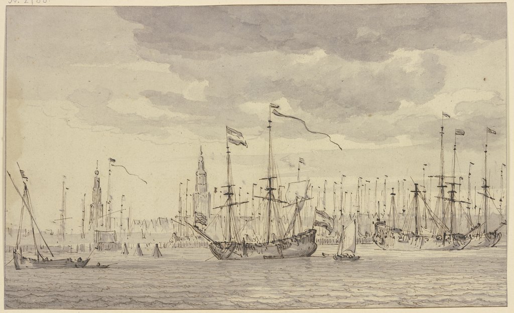 Ansicht eines Hafens mit vielen Schiffen und einer Stadt mit zwei Kirchtürmen (Amsterdam), Willem van de Velde the Younger