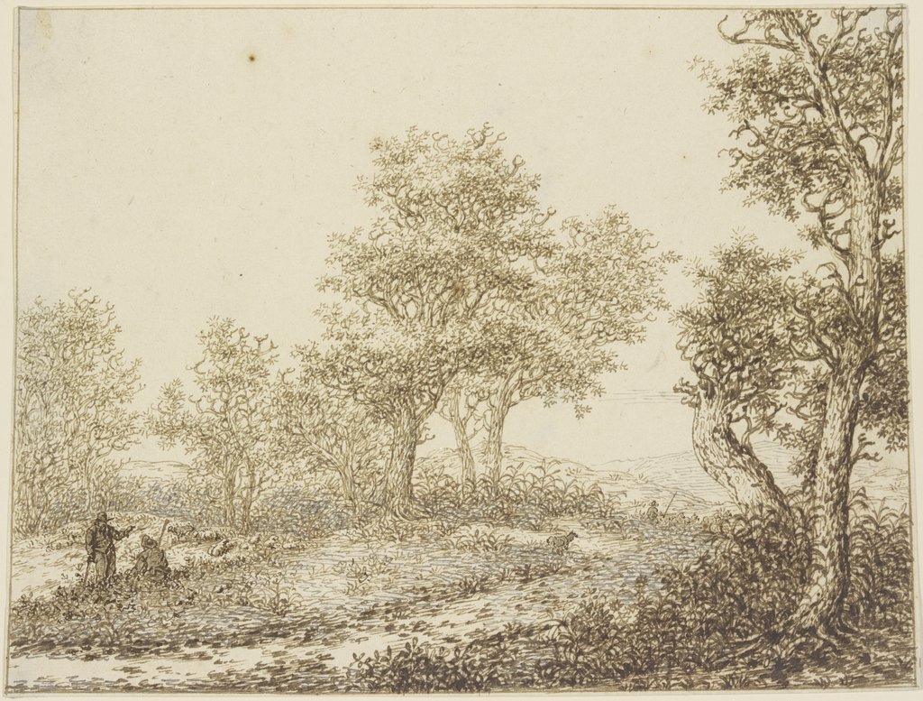 Landschaft mit Bäumen, links zwei Männer im Gespräch, Adriaen Hendriksz. Verboom