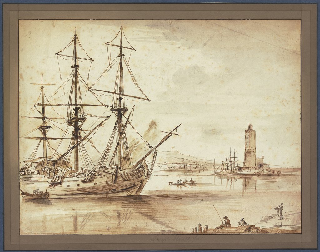 Marine, links ein Dreimaster, rechts ein Leuchtturm, Joseph Vernet