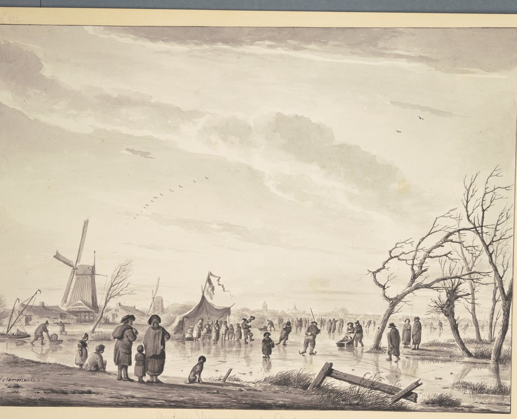 Winterlandschaft mit vielen Schlittschuhläufern und Zelten auf dem Eis, bei einer Windmühle, Andries Vermeulen