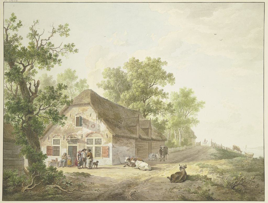 Bauernhaus am Weg, auf dem fünf Kühe und ein Reiter sind, vor dem Haus fünf Figuren und ein Hund, Abraham Teerlink