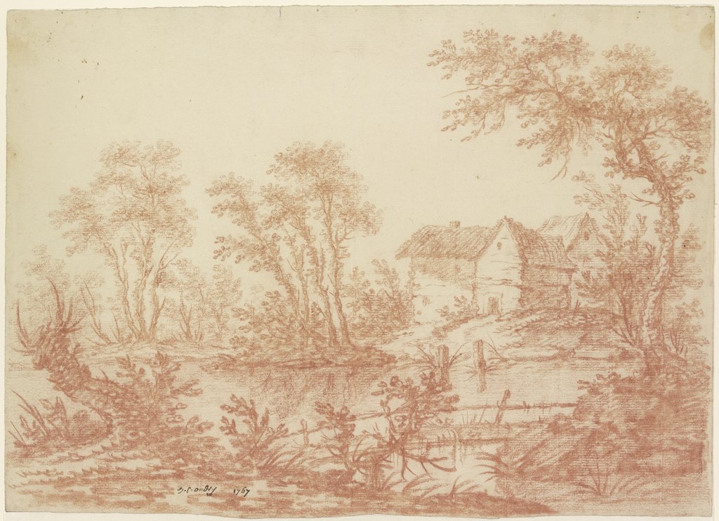 Flusslandschaft mit Gehöft und Bäumen, French, 18th century