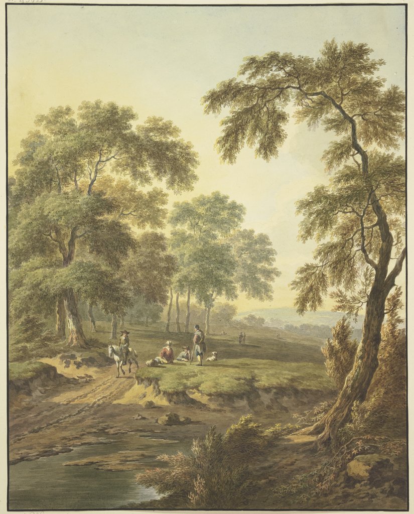 Waldwiese mit Wasser, auf dem Weg ein Reiter auf einem Schimmel, dabei einige ruhende Leute mit einem Hund, Abraham Teerlink, after Jan Wijnants