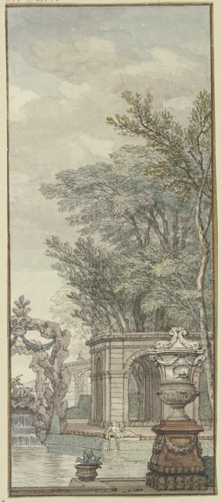 Panneau, Parkansicht mit Wasserwerken und künstlichem Felsen, Isaac de Moucheron