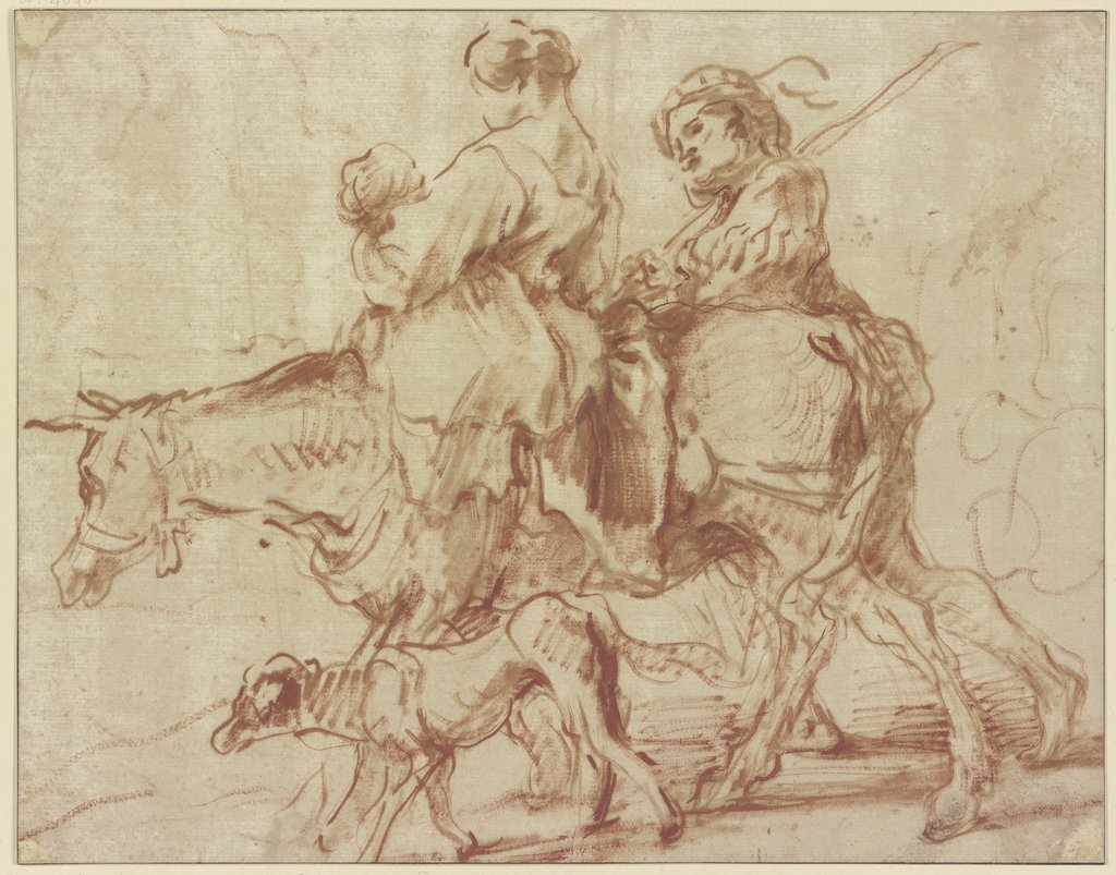 Woman with child riding an ass, a young man walking alongside, Giovanni Benedetto Castiglione