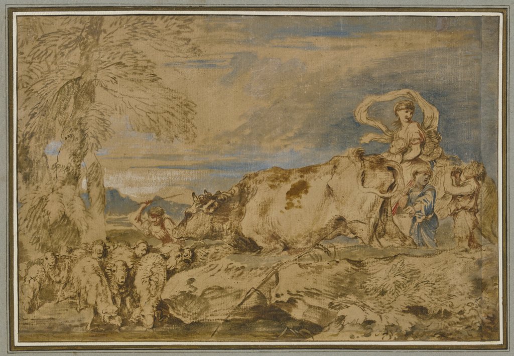 Shepherds and shepherdesses with a flock at the watering trough, Giovanni Benedetto Castiglione