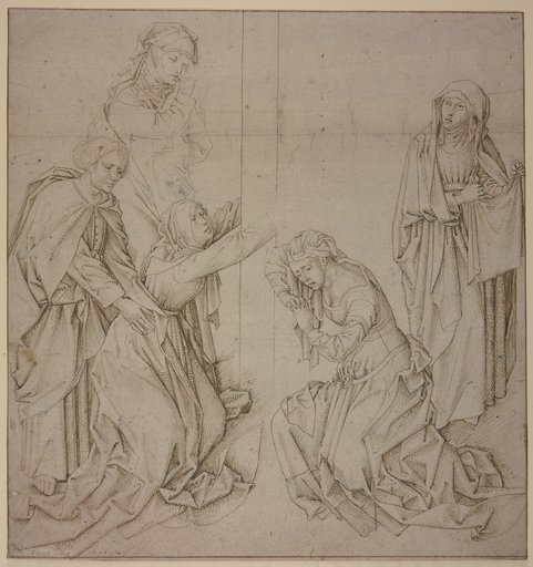 Am Fuße des Kreuzes die beiden Marien, rechts die Heilige Veronika, links Johannes, Rogier van der Weyden;  imitator
