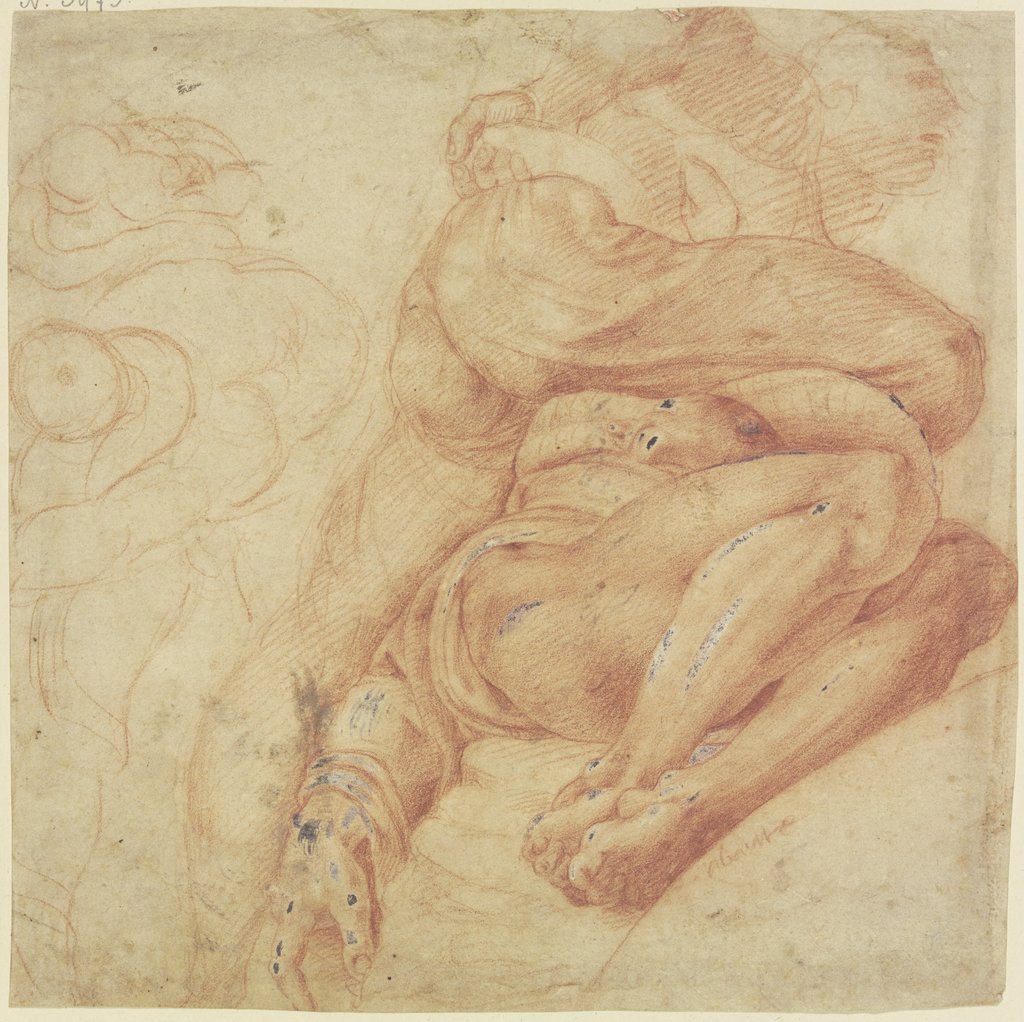 Zwei Figuren aus der Ehernen Schlange im Gewölbezwickel der Decke der Sistina, Unbekannt, 16. Jahrhundert, nach Michelangelo Buonarroti