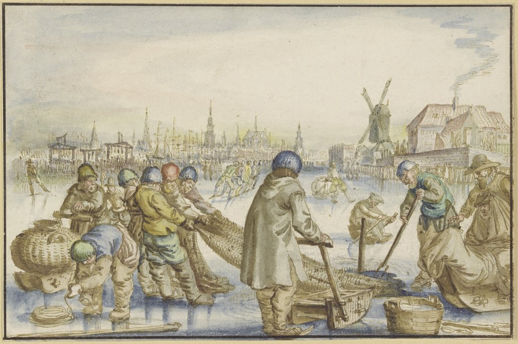 Winterlandschaft mit vielen Schlittschuhläufern, im Vordergrund ziehen Fischer ein Netz aus dem Eise, Claes Jansz. Visscher I