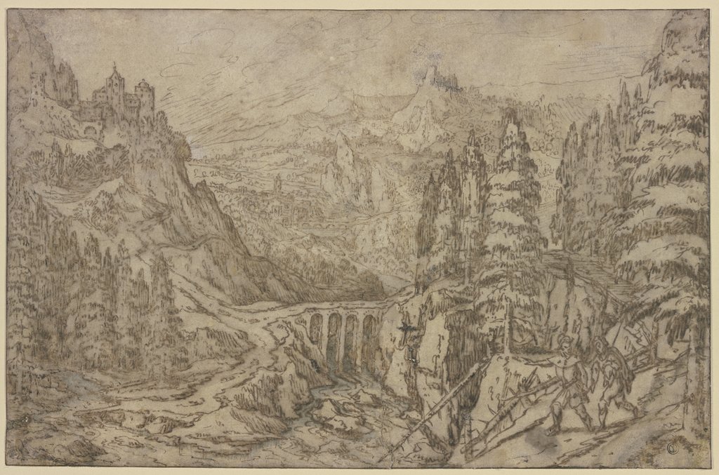 Gebirgslandschaft mit hoher Steinbrücke, Tobias Verhaecht