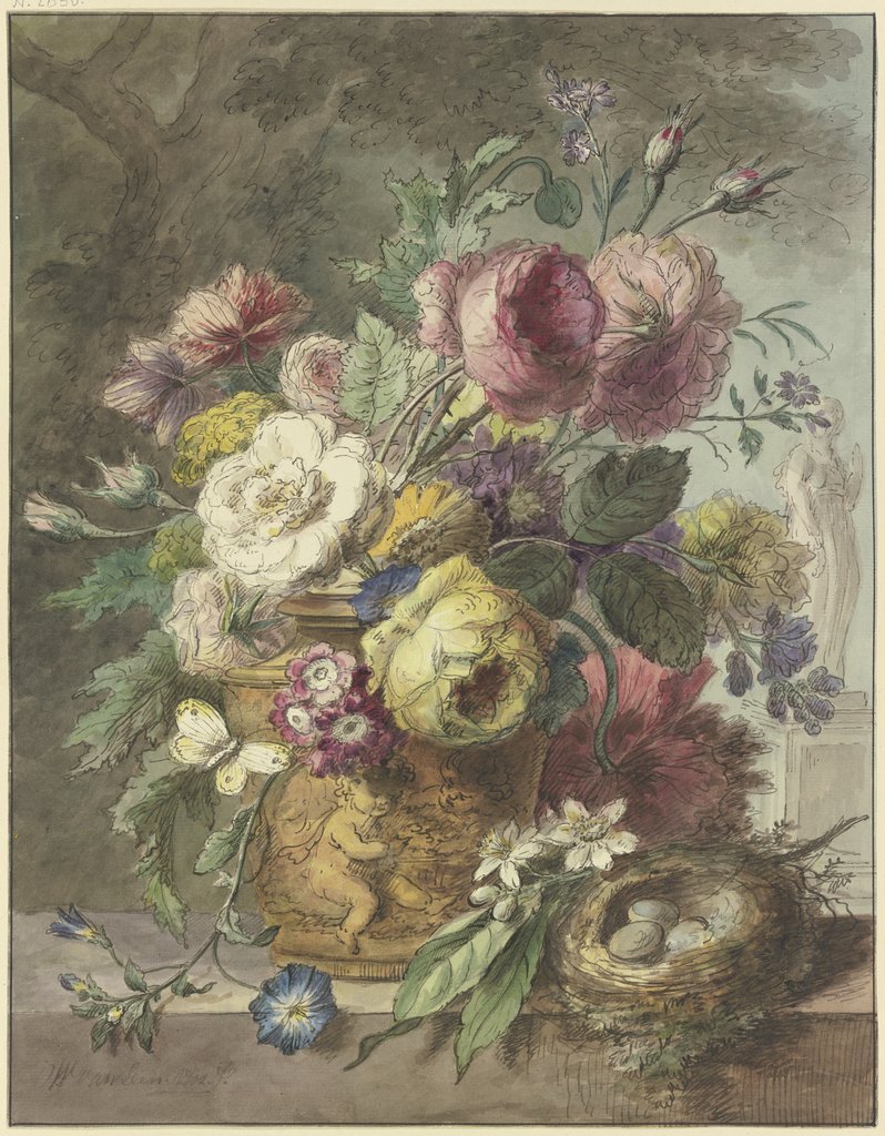 Stillleben mit Blumenstrauß und Vogelnest vor einer Parklandschaft, Willem van Leen