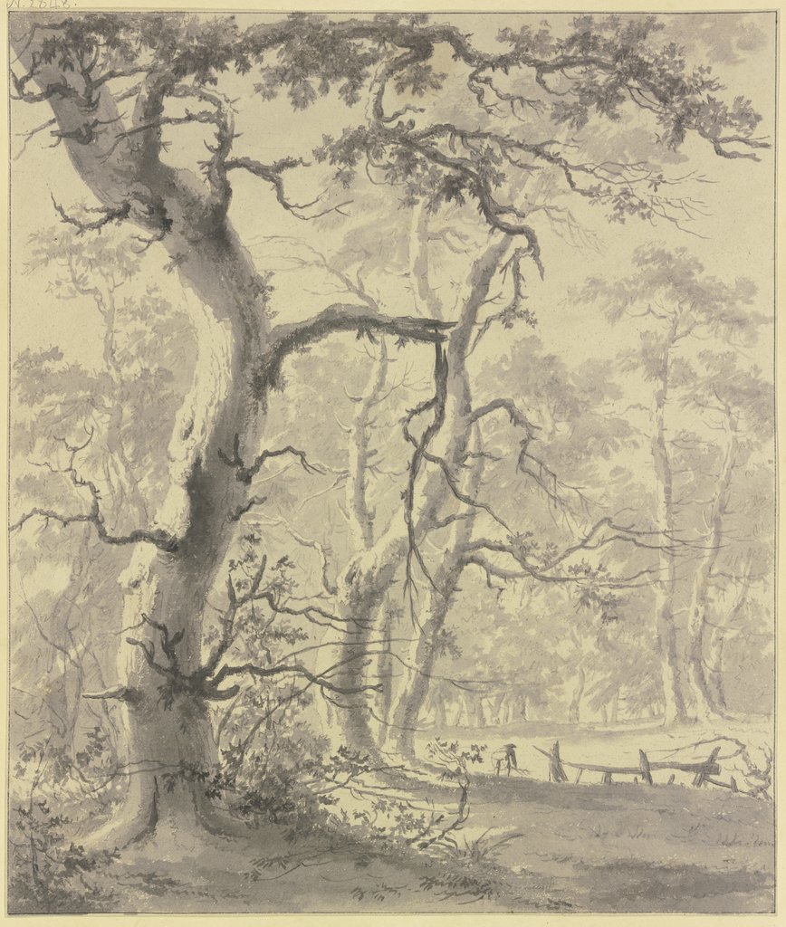 Forest scene, a man picks up brushwood on in a clearing by a fence, Paulus van Liender