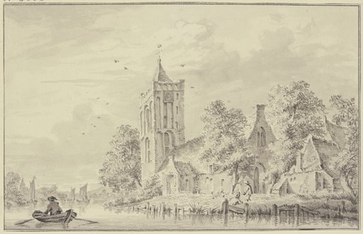 Dorfkirche am Wasser, links rudert ein Mann einen Kahn, Paulus van Liender
