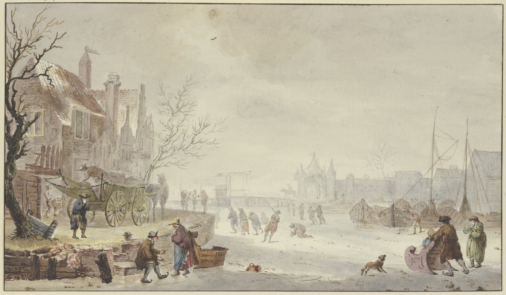 Winterlandschaft, auf dem Fluß Schlittschuhläufer, links am Quai ein Wagen, J. H. van Loon